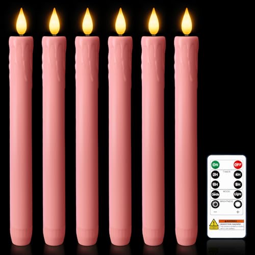 Homemory 6 Pcs Real Wax Pink Flameless Taper Candles with Remote Timer, 9.6 Inches LED Fake Candlesticks, LED Candle with 3D Flickering Flame for Romantic Wedding, Dinner, Xmas Anniversary Decor - color: Pink, size: 9.6 inch