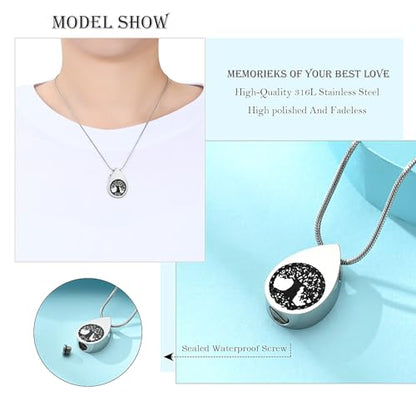 Hearbeingt Teardrop Urn Necklaces for Ashes Tree of Life Memorial Locket - color: Silver