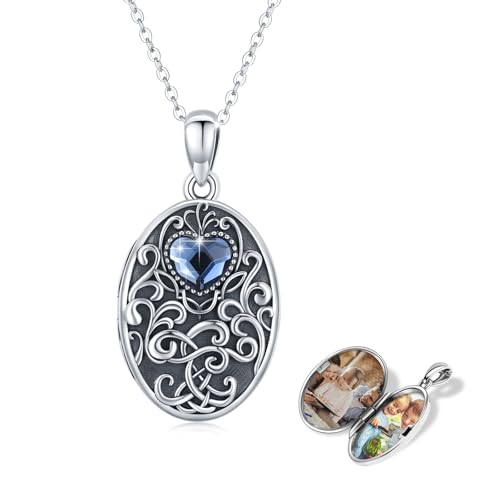 Locket Necklace for Women 925 Sterling Silver Celtic Locket Pendant Necklace Moonstone/Turquoise/Black Agate Heart Shaped Locket Necklace Jewelry Gifts for Women - style: Tree of Life Locket Necklace-crystal