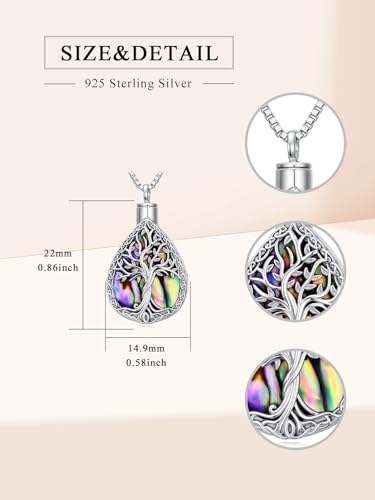 WINNICACA Cremation Jewelry for Ashes Locket Ashes Necklace Urn Necklace for Women Sterling Silver Cremation Necklace for Ashes Fine Keepsake Picture Necklace Memorial Jewelry - style: F01-Tree of Life Teardrop Urn Necklace(Abalone)