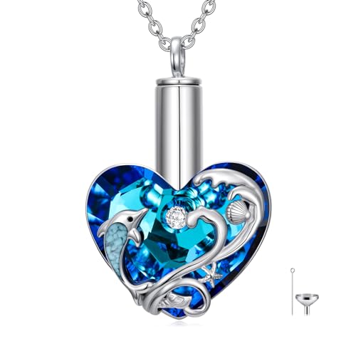 TOUPOP Sterling Silver Urn Necklace for Ashes with Crystal Memorial Keepsake Dragonfly/Butterfly/Cardinal/Cat/Dolphin Cremeation Jewelry Birthday Mothers Day Christmas Gifts for Her Women - style: Turquoise Dolphin