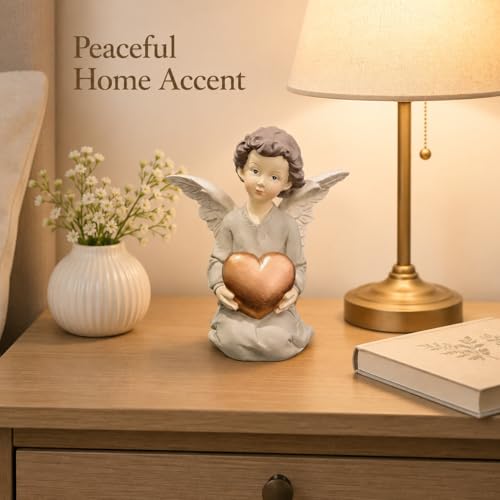 Guardian Angel Figurine Holding Gold Heart | Painted Resin Keepsake For Mom, Daughter, Sister, Friend, Shelves, Desks, Nightstands And Comfort Gifts - size: 5.12"H