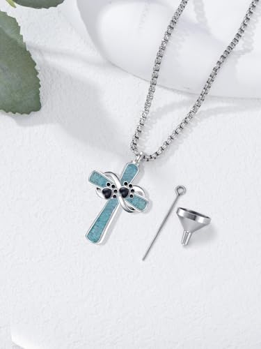 Turquoise Cross Urn Necklaces for Human Ashes 925 Sterling Silver Urn Necklaces Cremation Keepsake Memorial Pendant Necklace for Ashes for Loved One Human Pet - style: Paw Print&Black-Text&photo