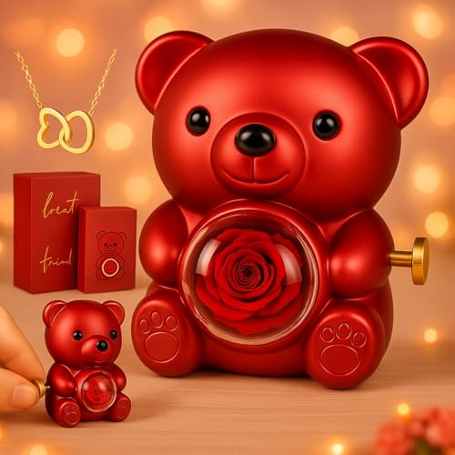 La Vie en Rose Music Box, Red Teddy Bear with Preserved Rose