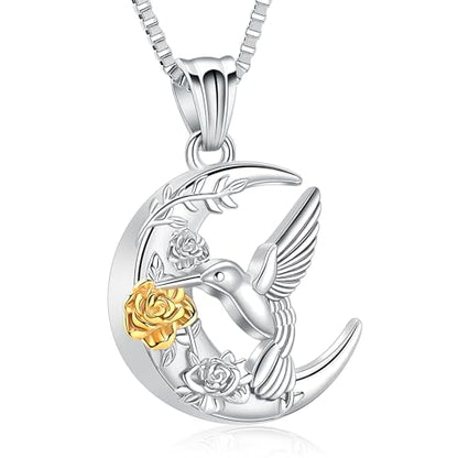 XSMZB Hummingbird Urn Necklace for Ashes of Loved One Rose Flower Moon Cremation Jewelry Ashes Holder Keepsake Pendant for Women Men - color: Silver-Gold