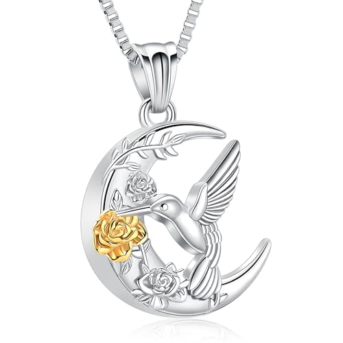 XSMZB Hummingbird Urn Necklace for Ashes of Loved One Rose Flower Moon Cremation Jewelry Ashes Holder Keepsake Pendant for Women Men - color: Silver-Gold