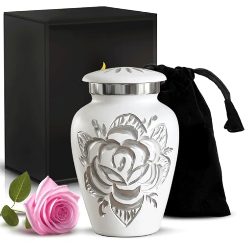 Cremation Urns for Human Ashes Adult | Handcrafted Snow White Rose Memorial Urn with Secure Threaded Lid | Elegant Small Funeral Urn for Men & Women, 3 Cubic Inches Capacity - color: Snow White, size: Small
