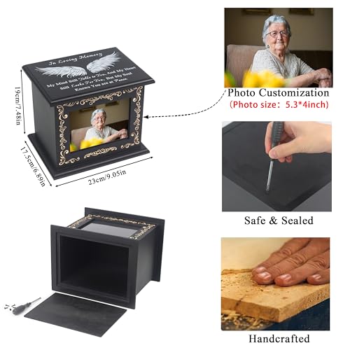 Wooden Urn Box for Ashes Cremation Urns for Human Ashes Adult Male or Female, Memorial Keepsake Urns with Photo Frame, Funeral Casket for Men Women, Burial Urn for Adults Up to 200 IBS-Wing - size: Wing