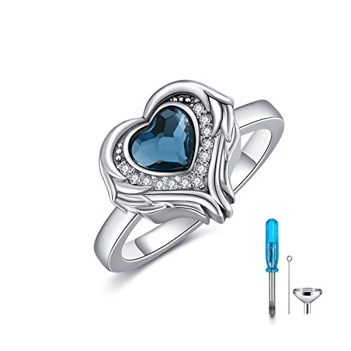 AOBOCO 925 Sterling Silver Angel Wings Heart Cremation Ring Holds Loved Ones Ashes, Heart Urn Ring for Ashes for Women, Memorial Keepsake Ring Embellished with Crystals from Austria - color: Blue