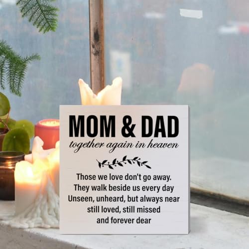 Memorial Sympathy Gifts for Loss of Parents Gifts for Loss of Loved One Mom Dad Father Mother Remembrance Bereavement Condolence Gifts Wooden Sign, Mom & Dad Together Again in Heaven - color: White-C