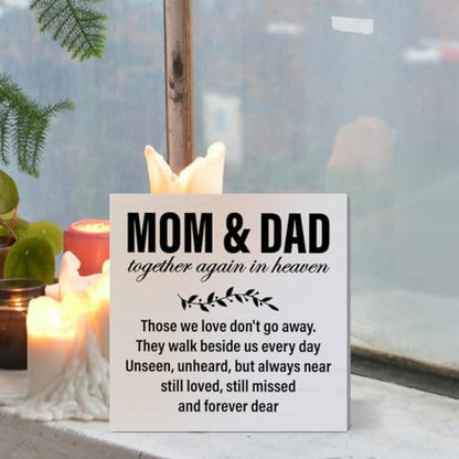 Memorial Sympathy Gifts for Loss of Parents Gifts for Loss of Loved One Mom Dad Father Mother Remembrance Bereavement Condolence Gifts Wooden Sign, Mom & Dad Together Again in Heaven - color: White-C