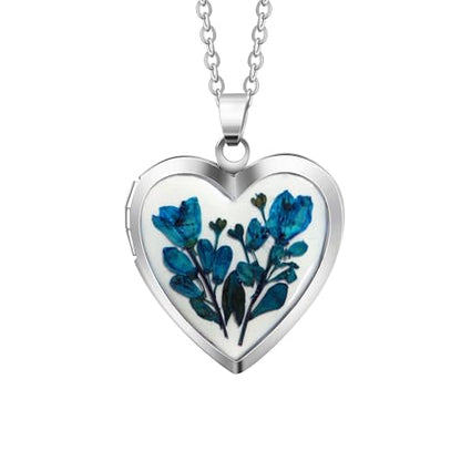 Handmade Dried Pressed Flower Heart Shaped Photo Locket Pendant Necklace - color: Silver, style: Blue Flower on White