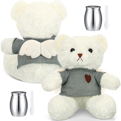 Shappy 2 Set Stuffed Bear Urn for Ashes White Angel Bear Stuffed Animal with Mini Urn Small Cremation Keepsake Sympathy Bereavement Gift for Pet Ashes for Loss of Loved One Memorial Gifts(White) - color: White (Bear), Brown (Urn)