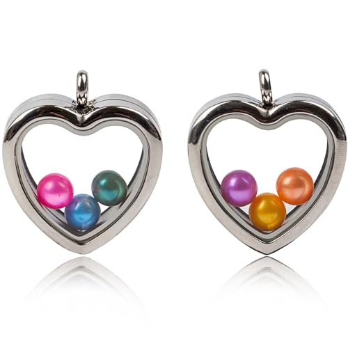 2PCS 30MM Floating Charm Locket Necklace with 6 Freshwater Pearls/Beads,316L Stainless Steel Clear Glass Locket,Small Waterproof Living Memory Pendant for Women(Without Chain) - color: Heart