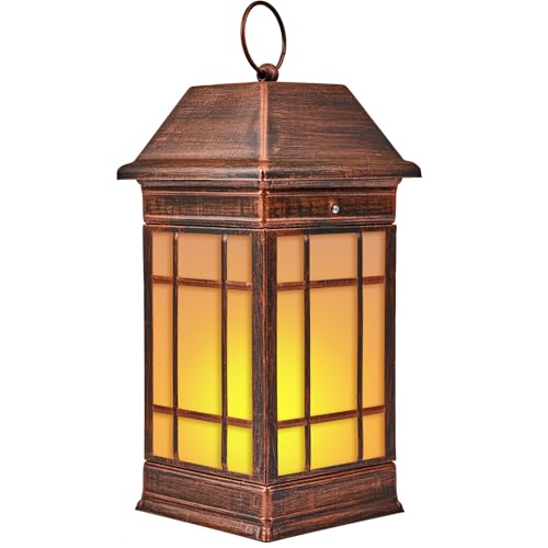 15.5" Solar Lantern Outdoor Waterproof, Glass Flickering Flame Solar Lanterns, Hanging Metal Lantern Decorative for Patio Front Porch Garden Backyard Tabletop Party Decoration - color: Copper02