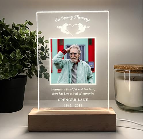 MIRROR MANIA Custom Personalized Photo LED Wood Stand Room Night Light Up Table Lamp in Loving Memory Framed Condolence Remembrance Loss Sympathy Picture Frame Memorial Gift