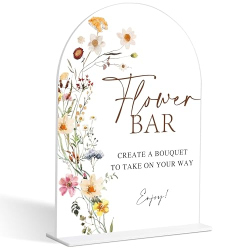 Flower Bar Sign, Flower Style Bridal Shower Sign for Wedding, Engagement, Bridal Shower and Reception, Bridal Shower Decorations, Wedding Shower Favors, 6X8 Inch Acrylic Arch Sign with Stand,3 - color: Flower Bar,3