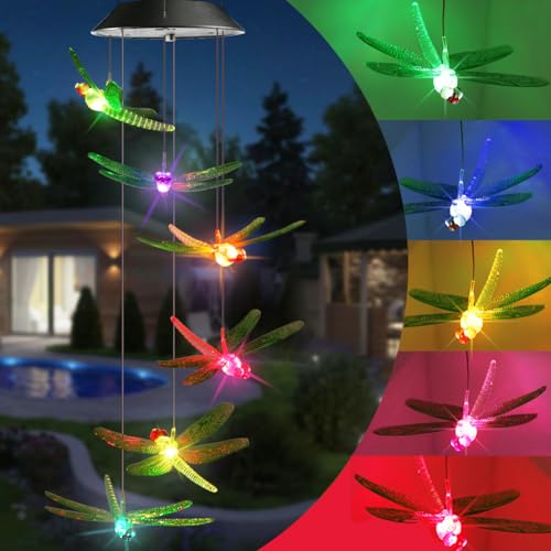 Toodour Solar Wind Chimes Outdoor, Color Changing Solar Lights Dragonfly | Gifts for Mom Grandma, Waterproof Decorative Mobile Light, Gardening Gift for Garden,Patio, Window, Yard, Outdoor Decor - color: Dragonfly