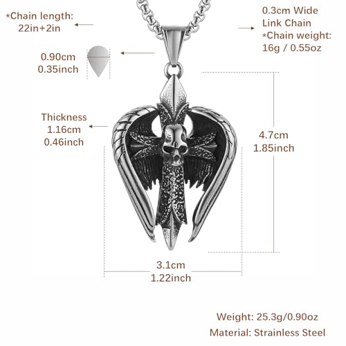 HZMAN Angel Wing Necklace for Men Women Stainless Steel Gothic Punk Angel Wing Cross/Angel Pendant Faith Amulet Jewelry Gift - color: Skull Cross