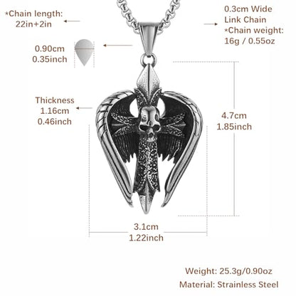 HZMAN Angel Wing Necklace for Men Women Stainless Steel Gothic Punk Angel Wing Cross/Angel Pendant Faith Amulet Jewelry Gift - color: Skull Cross