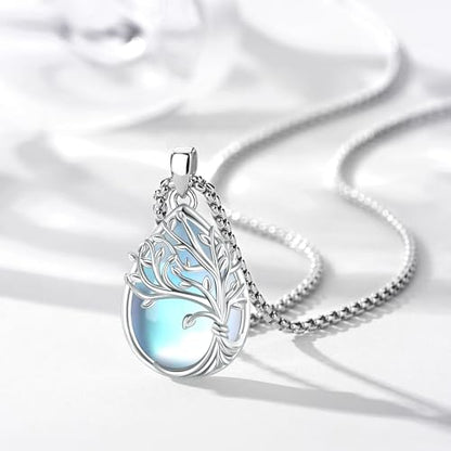 Sterling Silver Tree of Life Necklace for Women Oval Family Tree Necklace Abalone Shell Moonstone Pendant Mother Day Necklace for Mom Tree of Life Jewelry - style: Tree of Life-Moonstone-2