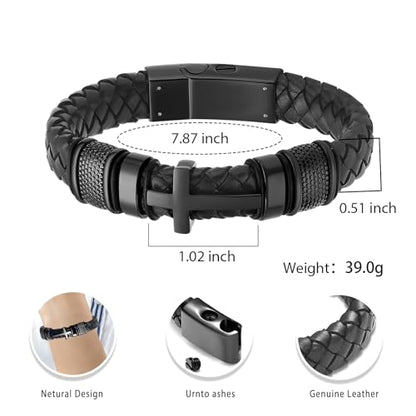 Urn Bracelet for Ashes With Leather Cremation Knot Cross Bracelet Stainless Steel Keepsake Cuff Bangle for Men Gifts With Funnel Kit & Bag - color: Black-20cm