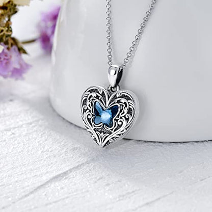 SOULMEET Personalized Butterfly Locket Necklace That Holds Up to 2 Pictures, Memorial Insects Silver Butterfly Photo Locket Custom Any Photo Healing Gift - color: G-Crystal Blue, style: Locket Necklace Only