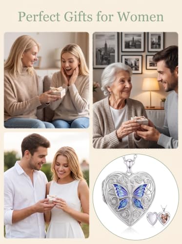 Poiuy Photo Locket Necklace for Women, Heart Picture Pendant Photo Necklace Jewelry Christmas Memorial Birthday Gifts for Women Daughter Mom - color: Butterfly Locket Necklace