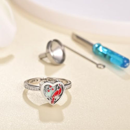 925 Sterling Silver Red Cardinal Urn Rings for Women Hold Loved Ones Ashes Memorial Ring Keepsake Cremation Jewelry for Ashes