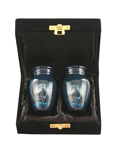 Keepsake Urns Set of 2 With Premium Velvet Box - Wolf Mini Urns for Human Ashes | Decorative, Funeral, Cremation Urns for Women and Men