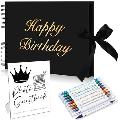 AmazingSpark Birthday Guest Book Set Memory Photo Guest Book Black Gold Decoration Birthday Gift for Men Women Wood Signature Photoprop Party Supply Sign Picture Album for Party Event(Universal) - size: Universal