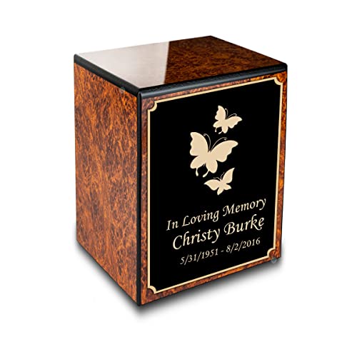 GetUrns Custom Butterfly Small Urn Box for Human Ashes I Personalized Wooden Keepsake Cremation Urn for Male or Female I Burl Wood Memorial Box I 40lbs - color: Butterfly