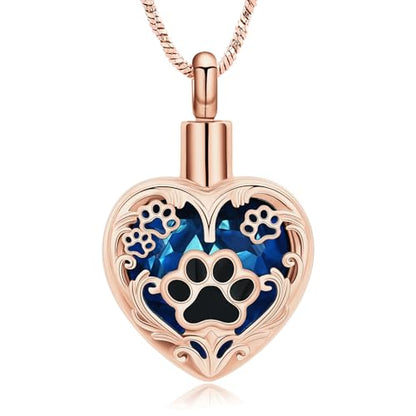 Yinplsmemory Pet Urn Necklace Pendant Jewelry for Dog Cat Memorial Crystal Heart Cremation Jewelry with Paw Print Ashes Keepsake Funeral Jewelry - color: Rose gold-blue