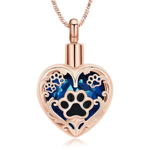 Yinplsmemory Pet Urn Necklace Pendant Jewelry for Dog Cat Memorial Crystal Heart Cremation Jewelry with Paw Print Ashes Keepsake Funeral Jewelry - color: Rose gold-blue