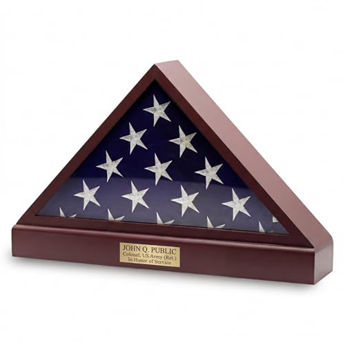 DECOMIL Burial Flag Display Case Personalized, 5x9 Flag Display Stand with Pedestal, Flag Case for Funeral Flag, Solid Wood Cherry Finish, Flag Case with Name Plate