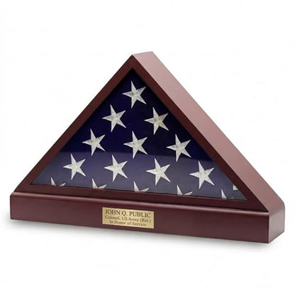 DECOMIL Burial Flag Display Case Personalized, 5x9 Flag Display Stand with Pedestal, Flag Case for Funeral Flag, Solid Wood Cherry Finish, Flag Case with Name Plate