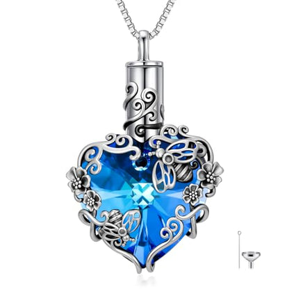 JKR Heart Urn Necklace for Ashes Crystal Keepsake Pendant Memorial Jewelry - style: Bee-Blue Heart