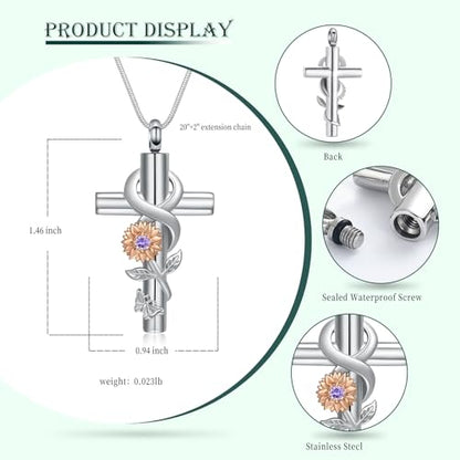 Cross Sunflower Cremation Jewelry Urn Necklaces Cross Urn Pendant Necklaces for Ashes Memorial Keepsake Pendant for Women Men Gifts With Funnel Kit & Bag - color: Rose+Purple