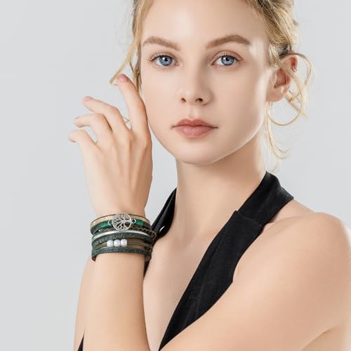 Tree of Life Inspirational Leather Wrap Bracelets Boho Western Cowgirl Cuff - color: Dark Green