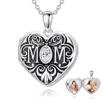 Mom Photo Locket Necklace 925 Sterling Silver Mothers Necklace Mother Photo Locket Pendant Mom Jewelry for Mother's Day - color: mom-no custom