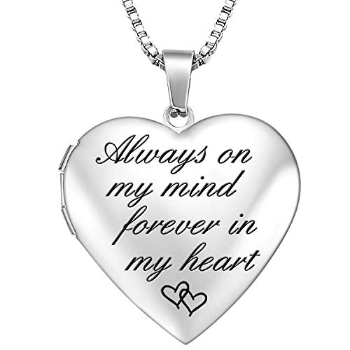 GOKING Love Heart Memory Locket Necklace Holds Pictures for Women | Initial Alphabet A-Z Letter, Memorial Saying Photo Pendant Jewelry, Gifts for Grandma Mom Grandpa Niece Sister Aunite Mother - color: Silver (AlwaysMindForeverHeart)