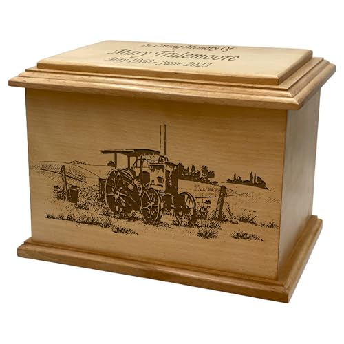 Wooden Urn for Human Ashes, Large Funeral Cremation Urn with Personlaization and Multiple Designs (Old Tractor)