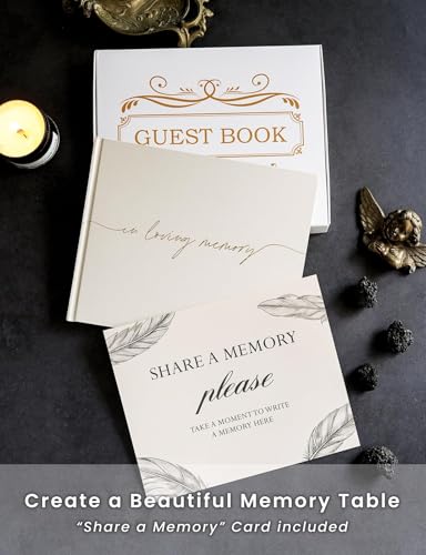 Funeral Guest Book for Memorial Service, in Loving Memory 9x7.5 | 320 Entries, Table Sign Card Included, Gold Stamping, Twill-Textured Paper Cover, Celebration of Life Keepsake, Beige - color: Beige