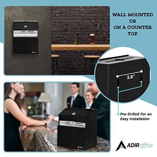 Adir Suggestion Box with Slot and Lock with 25 Comment Cards and Label Stickers, Black