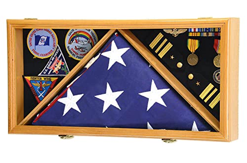 Large Flag & Medals Military Pins Patches Insignia Holds up to 5x9 Flag Display Case Frame Cabinet Shadowbox (Oak Finish) - color: Oak Finish