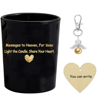 Memorial Candle for Sister in Heaven, Black Glass Candle Holder with Gold Heart, Sympathy Bereavement Gift, Happy Birthday to My Angel in Heaven