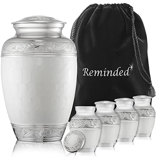 Reminded Set of 5 Decorative Cremation Urns for Human Ashes - 1 Brass Adult + 4 Keepsake Token Size, White - color: White