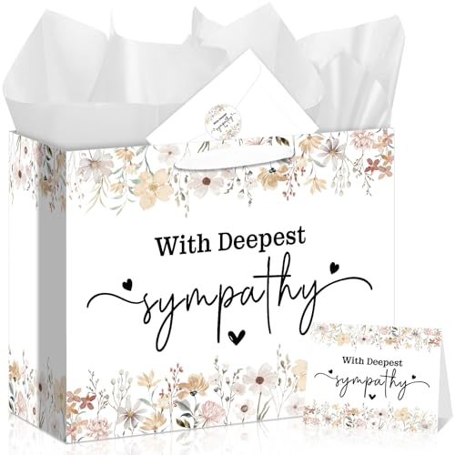 Wildflower Sympathy Gift Bag Set All-in-One Gift Wrapping Kit with Greeting Card Sticker Envelope Wrapping Paper for Loss of Loved One, Memorial Gifts for Bereavement, Funeral, Deepest Condolence