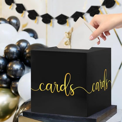 Hooqict Black Card Box with Slot 9.1" Gold Foil Gift Card Box for Party, Graduation, Wedding Reception, Birthday, Bridal or Baby Shower, Raffle Ticket Money Envelope Holder - color: Black Gold