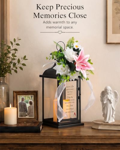 Sympathy Lantern with Flower, Memorial Gift for Loss of Mother Father, Funeral Remembrance Gift for Grieving Family - color: Cardinal/Black